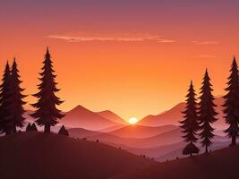 Sunset and silhouettes of trees in the mountains background, ai generated photo