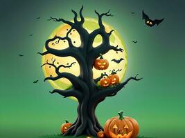 Happy halloween witch house pumpkin tree and moon with happy face on green dark night background, catton illustration, ai generated photo