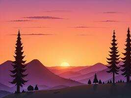 Sunset and silhouettes of trees in the mountains background, ai generated photo