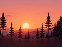 Sunset and silhouettes of trees in the mountains background, ai generated photo