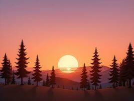 Sunset and silhouettes of trees in the mountains background, ai generated photo