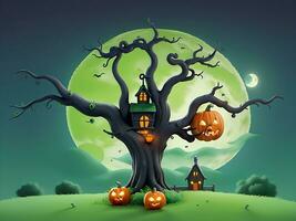 Happy halloween witch house pumpkin tree and moon with happy face on green dark night background, catton illustration, ai generated photo