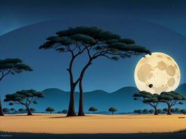 Savannah landscape with acacia trees at night vector cartoon illustration, ai generated photo