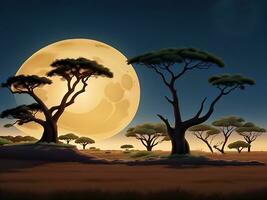 Savannah landscape with acacia trees at night vector cartoon illustration, ai generated photo