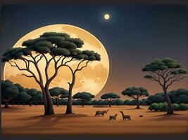 Savannah landscape with acacia trees at night vector cartoon illustration, ai generated photo