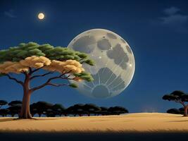 Savannah landscape with acacia trees at night vector cartoon illustration, ai generated photo