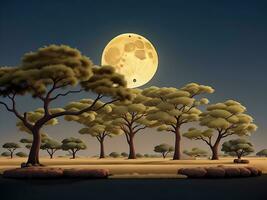 Savannah landscape with acacia trees at night vector cartoon illustration, ai generated photo