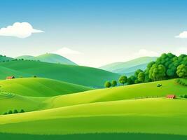 Natural evening landscape with green hills, catton illustration, ai generated photo