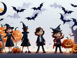 Illustration of halloween background with silhouettes of children trick in halloween costume. ai generated photo