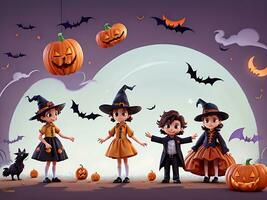 Illustration of halloween background with silhouettes of children trick in halloween costume. ai generated photo