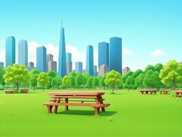 City park with wooden picnic tables and benches, green trees, flowering grass and city buildings on the skyline. ai generated photo