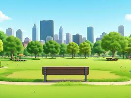 City park with wooden picnic tables and benches, green trees, flowering grass and city buildings on the skyline. ai generated photo