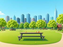 City park with wooden picnic tables and benches, green trees, flowering grass and city buildings on the skyline. ai generated photo