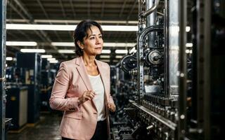 photo of working entrepreneur woman at factory with machine and worker, generative AI