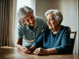 photo of woman take care senior woman at home, generative AI