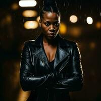 photo of strong african woman with black leather suit in heavy rain night, generative AI