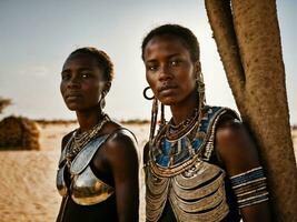 foto de africano mujer tribal guerreros con armadura, generativo ai