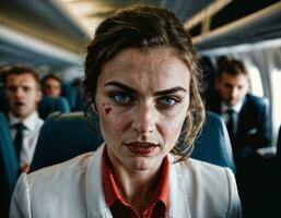 photo of rage angry air hostess crew woman arguing the other with wound on face, generative AI