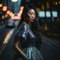 photo of asian woman at street night with light, generative AI