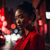 photo of woman in red cloth at street night with light, generative AI