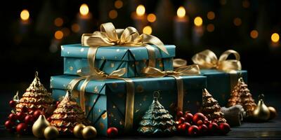 lujoso y elegante Navidad regalo cajas Navidad regalos y decoraciones generativo ai foto