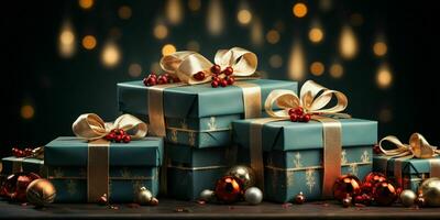 lujoso y elegante Navidad regalo cajas Navidad regalos y decoraciones generativo ai foto