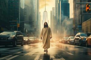 Jesús es en pie en un paso de peatones con un taxi foto