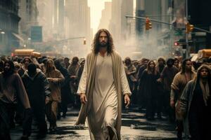 Jesus is standing in a crosswalk with a cab. photo