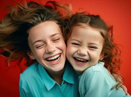 Two sisters are hugging and smiling happy together photo