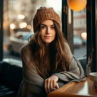 joven mujer en calle café foto