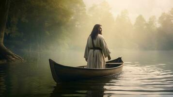 Jesus walking toward a canoe in the lake photo