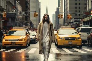 Jesus is standing in a crosswalk with a cab photo