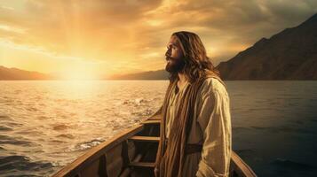 Jesús caminando hacia un canoa en el lago foto