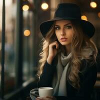 joven mujer en calle café foto