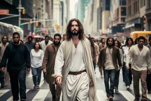 Jesus is standing in a crosswalk with a cab. photo