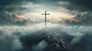Cross surrounded by clouds and cloudy sky photo