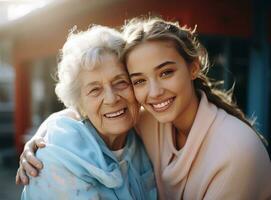 un joven dama abraza su abuela mientras sonriente foto