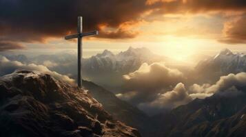 Cross surrounded by clouds and cloudy sky photo