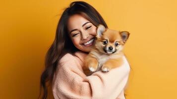 Happy girl with cute little puppy photo