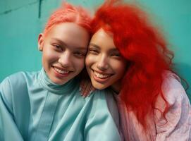 Two sisters are hugging and smiling happy together photo