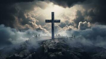 Cross surrounded by clouds and cloudy sky photo