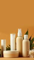 Set of cosmetic products on orange background with tropical leaves. photo