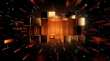 Explosion, brown futuristic sci-fi tunnel with golden glowing cubes background 3d illustration. photo