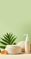 cosmético crema y loción botella con tropical hoja en verde antecedentes. conjunto de cosmético productos burlarse de arriba. foto