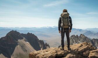 a hiker standing at the peak of a mountain with a backpack. AI Generated photo