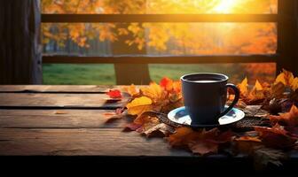 un taza de calentamiento otoño té metido en un rústico de madera mesa. ai generado foto