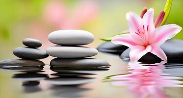 a serene zen garden, focusing on a stack of spa massage stones delicately balanced with pink lily flowers adorning them. AI Generated photo