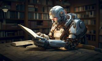 AI robot reading a book in a library. AI Generated photo