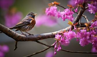 Robin bird in Spring season on a tree branch covered with purple flowers. AI Generated photo