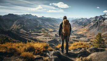 a hiker standing at the peak of a mountain with a backpack. AI Generated photo